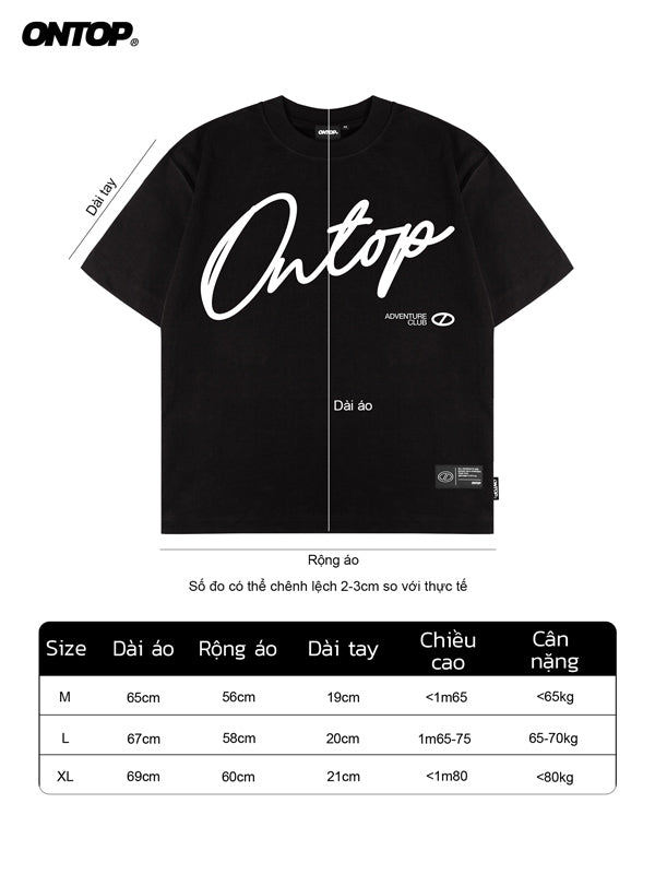 Black t-shirt with 'ONTOP' branding and size chart on a white background