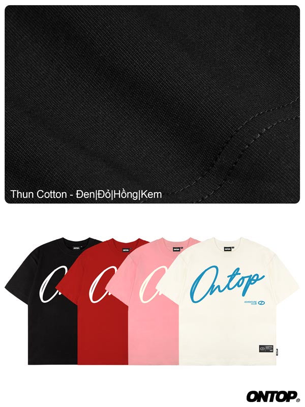 Black fabric swatch with text and four t-shirts in black, red, pink, and white with 'ONTOP' branding.