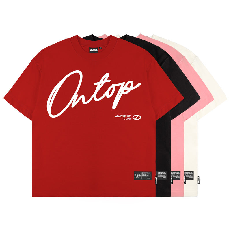 Red t-shirt with 'Ontop' branding on a white background