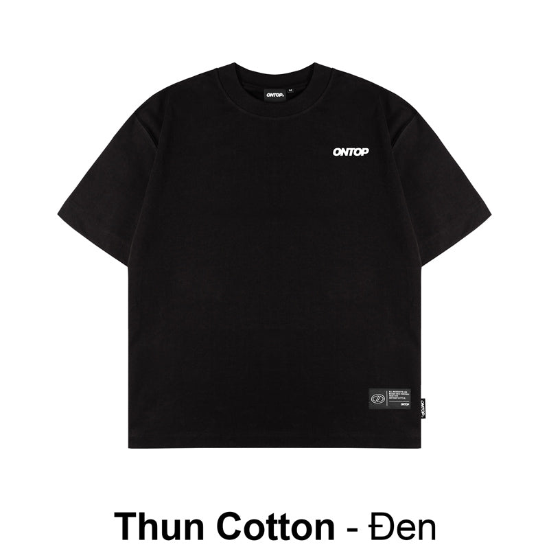Black t-shirt with a brand logo on a white background