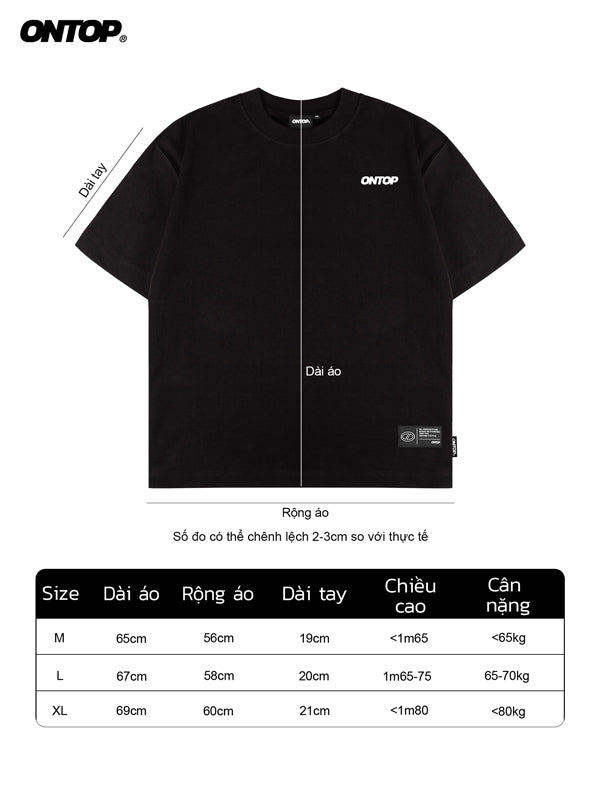 Black t-shirt with 'ONTOP' branding and size chart on a white background