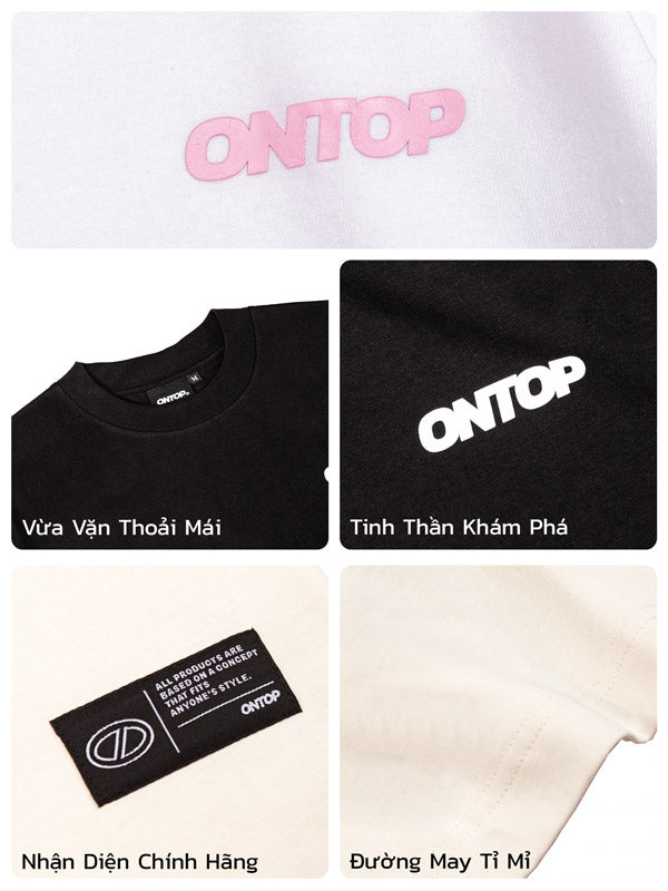 Collage of ONTOP branded clothing and accessories with text in a foreign language.
