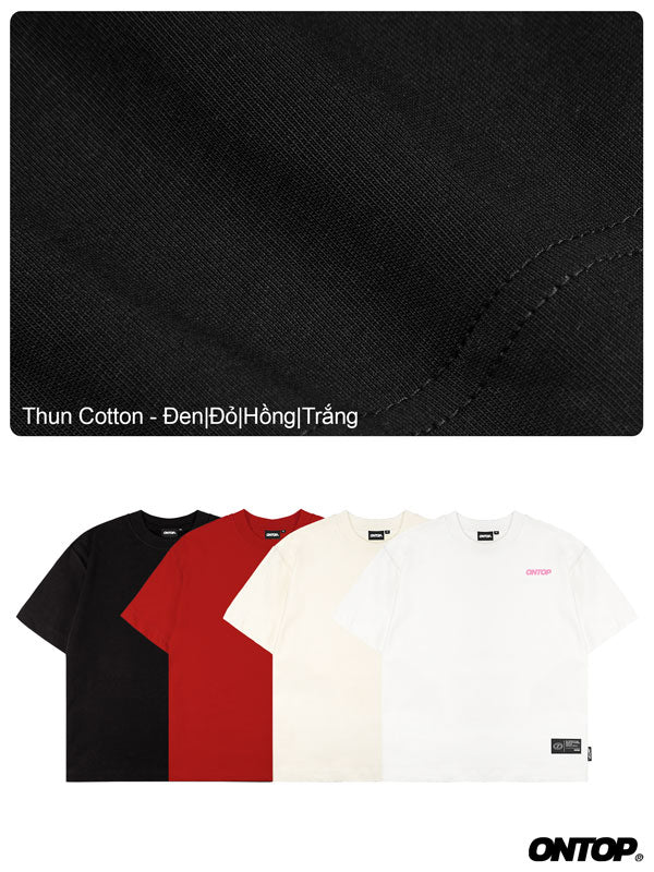 Black fabric swatch with text and three t-shirts in black, red, and white with 'ONTOP' branding.