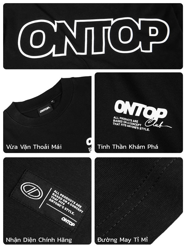 Black t-shirt with 'ONTOP' branding and text on a white background