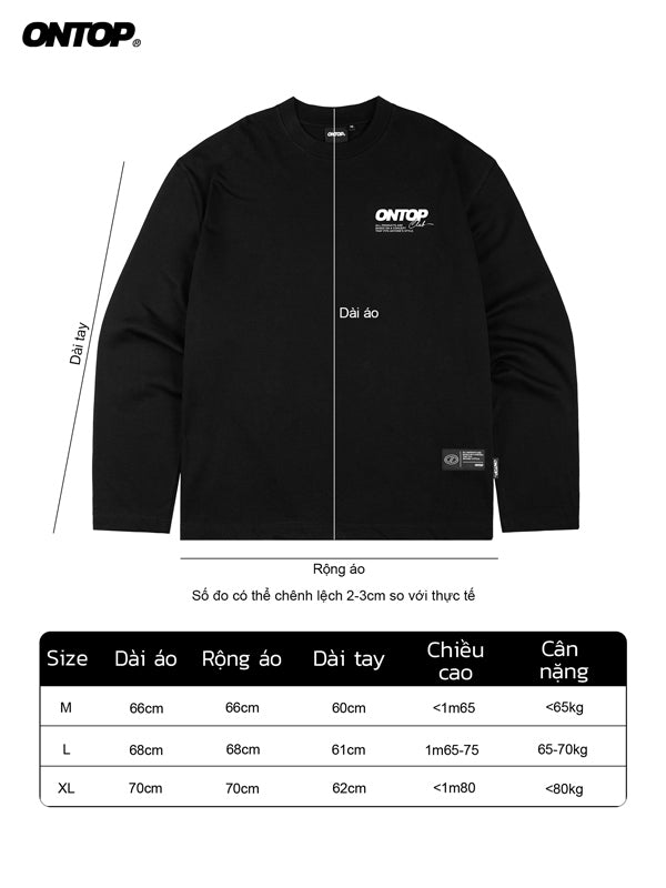 Black jacket with ONTOP branding and size chart on a white background