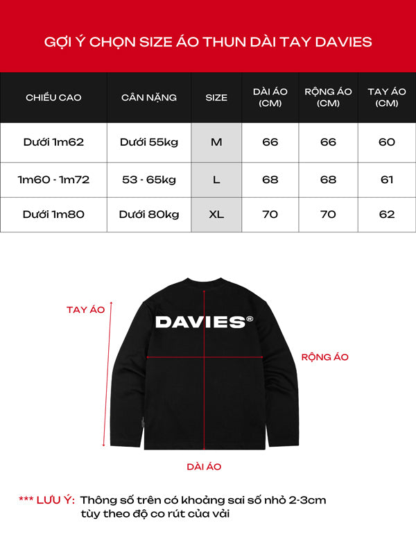 Size chart for Davies long-sleeve shirts with measurements and a black shirt with 'Davies' logo on the back.