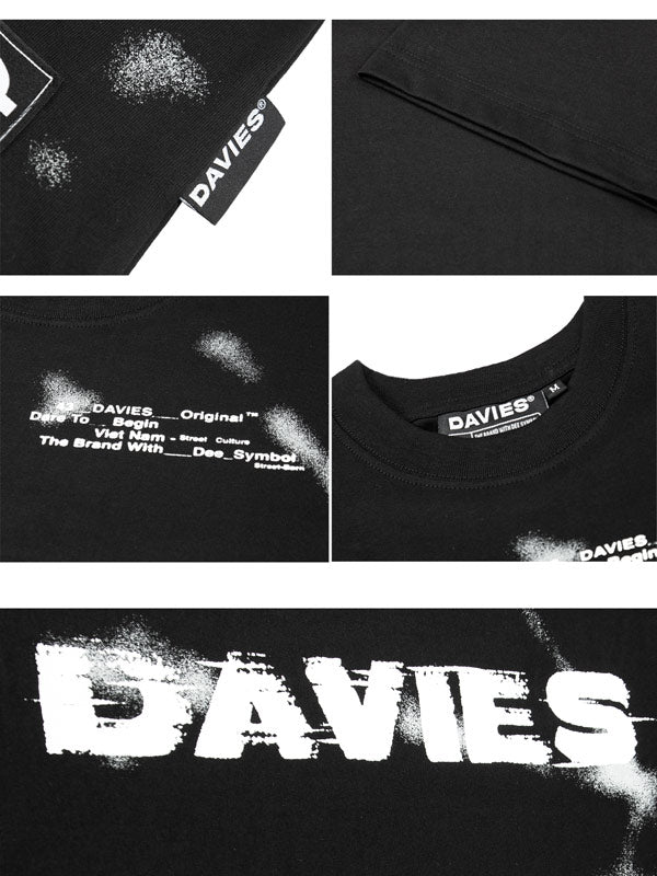 Black t-shirt with 'DAVIES' branding and text on a white background