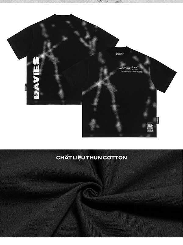 Black t-shirt with white abstract design and text, featuring the brand 'DAVIES'.