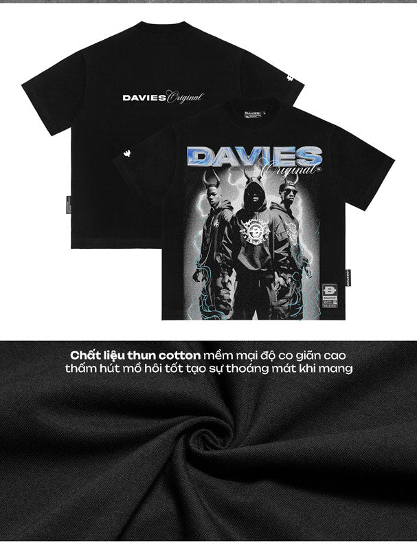 Black t-shirt with 'DAVIES' branding and graphic design on a white background