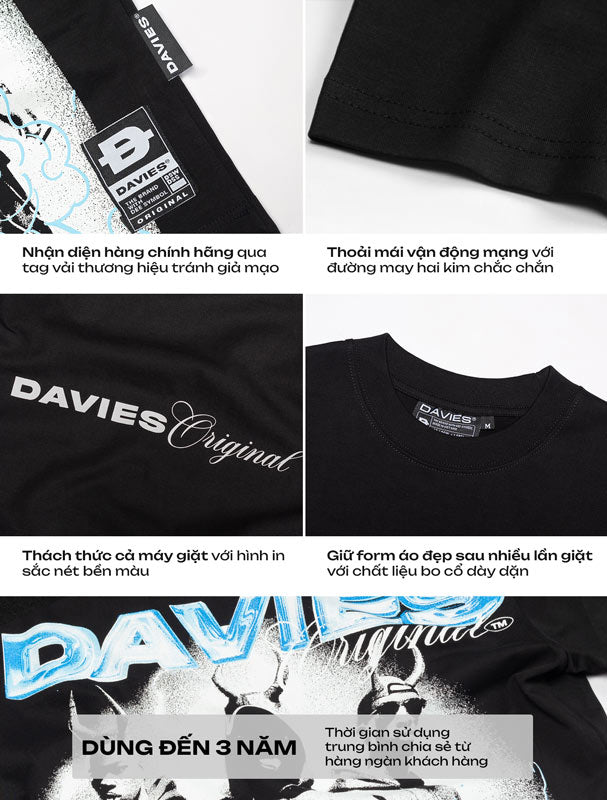 Black t-shirt with 'DAVIES' branding and product features on a white background
