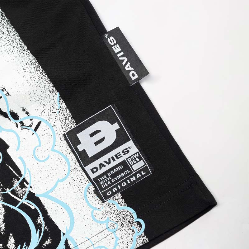 Black t-shirt with 'Davies' branding on a white background