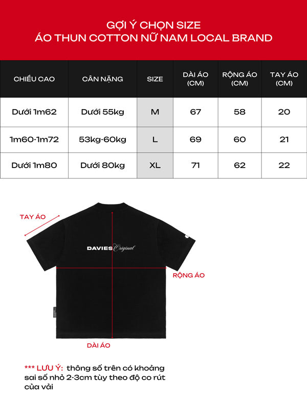 Size chart for a black t-shirt with brand name on a red and black background