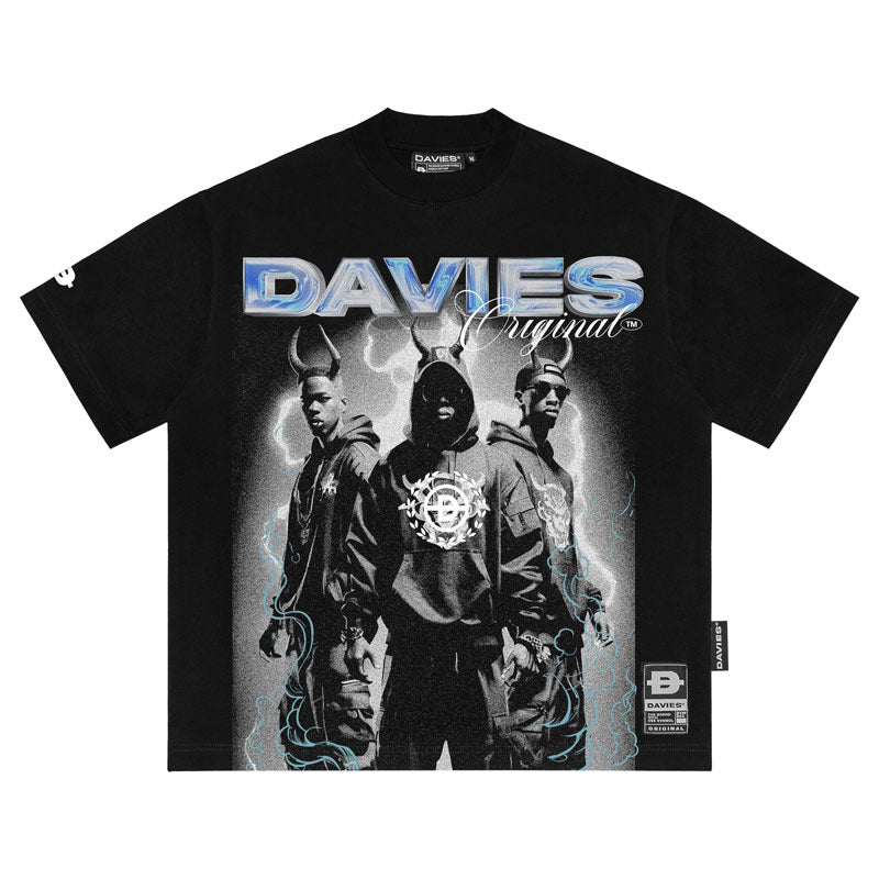 Black t-shirt with 'DAVIES' branding and graphic design on a white background