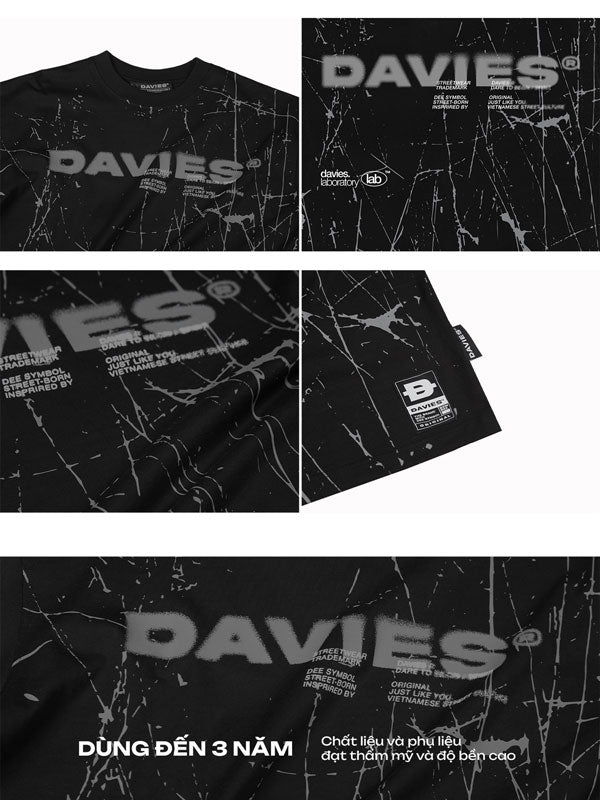 Black t-shirt with 'DAVIES' branding and text on a textured background