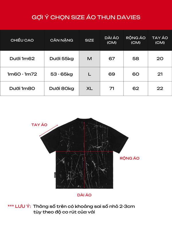 Size chart for a black t-shirt with measurements on a red and black background