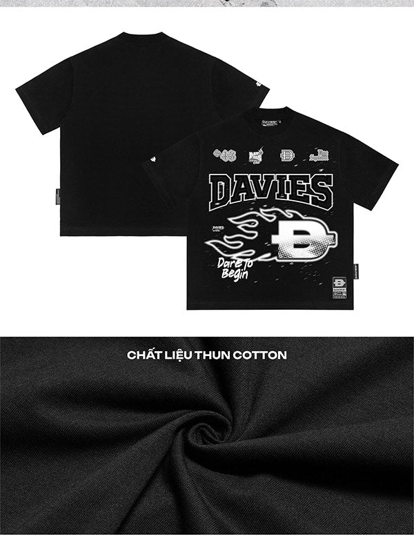 Black t-shirt with 'DAVIES' branding and text on a white background