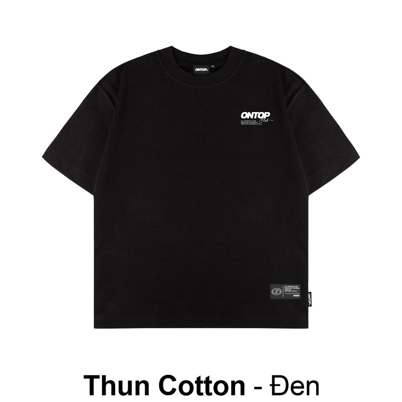 Black t-shirt with a small logo on a white background