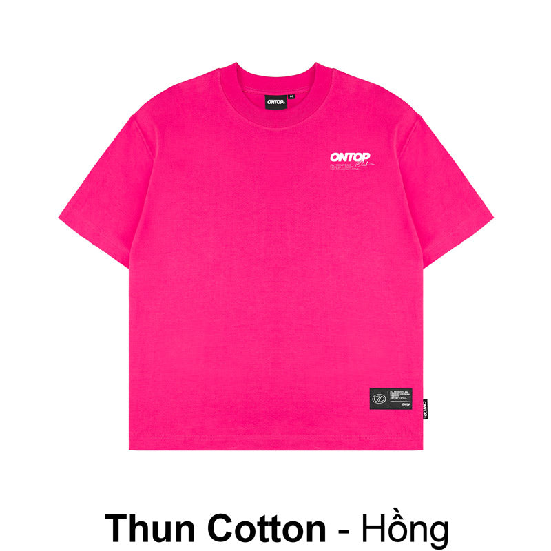 Pink t-shirt with a brand logo on a white background