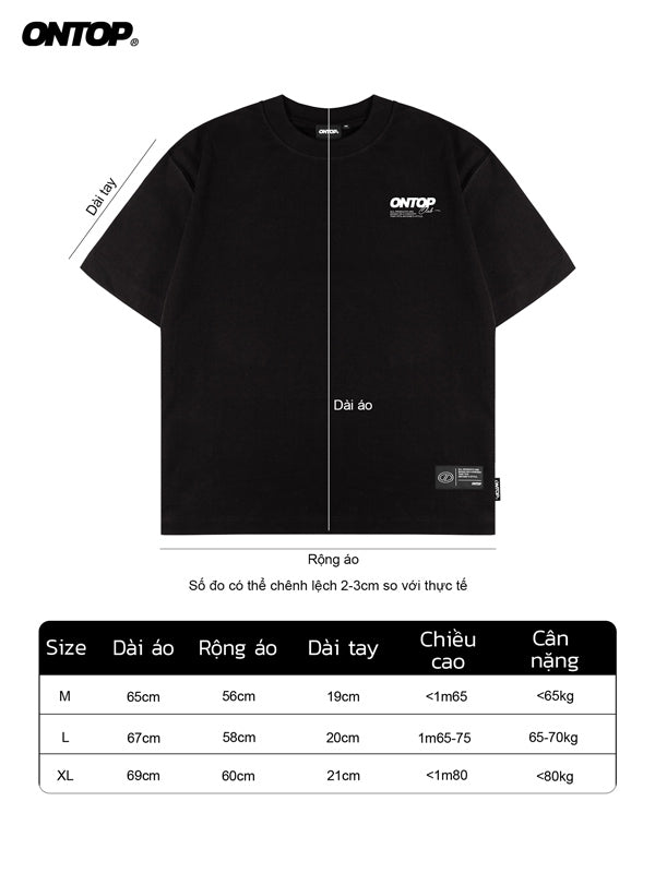 Black t-shirt with 'ONTOP' branding and size chart on a white background