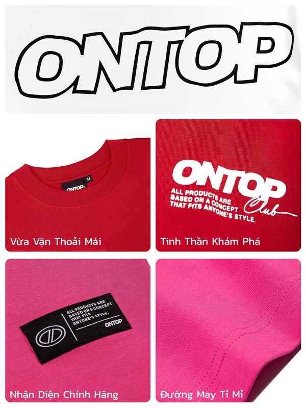 Red and pink t-shirts with 'ONTOP' branding and text.