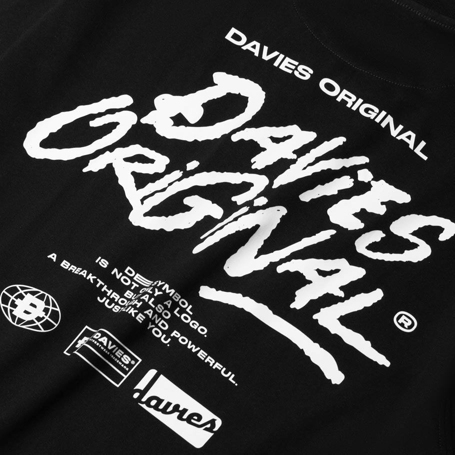 Black t-shirt with white 'Davies Original' branding and text.
