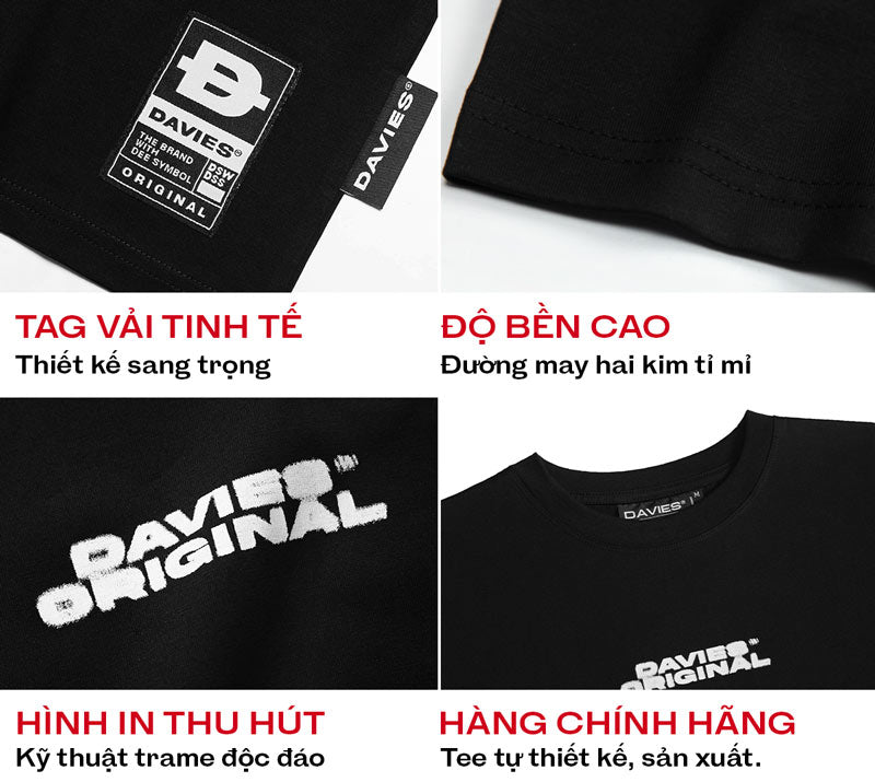 Black t-shirt with 'DAVIES ORIGINAL' branding and text highlighting features.
