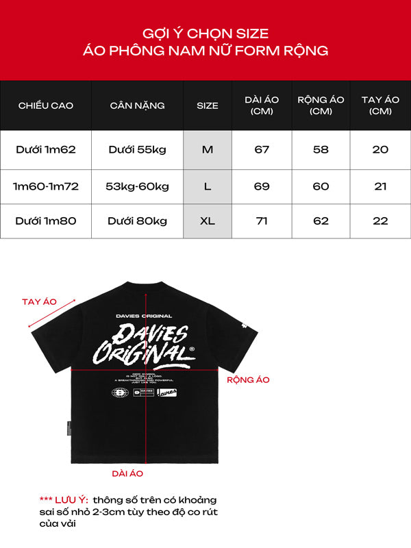 Size chart for a black t-shirt with 'Davies Original' branding on a red and black background.