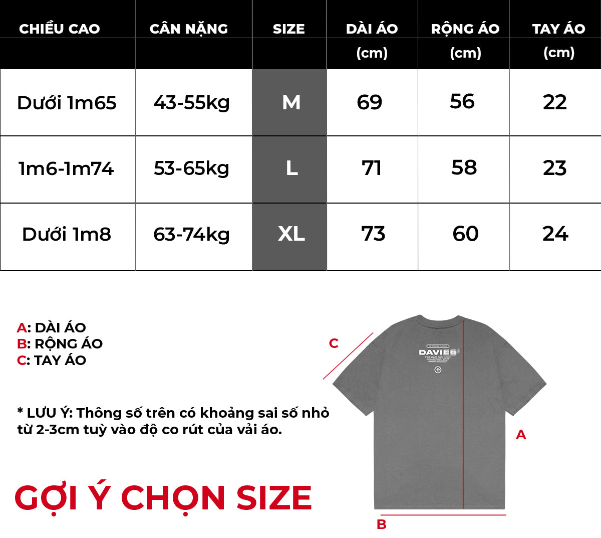 Size chart for a t-shirt with measurements in centimeters