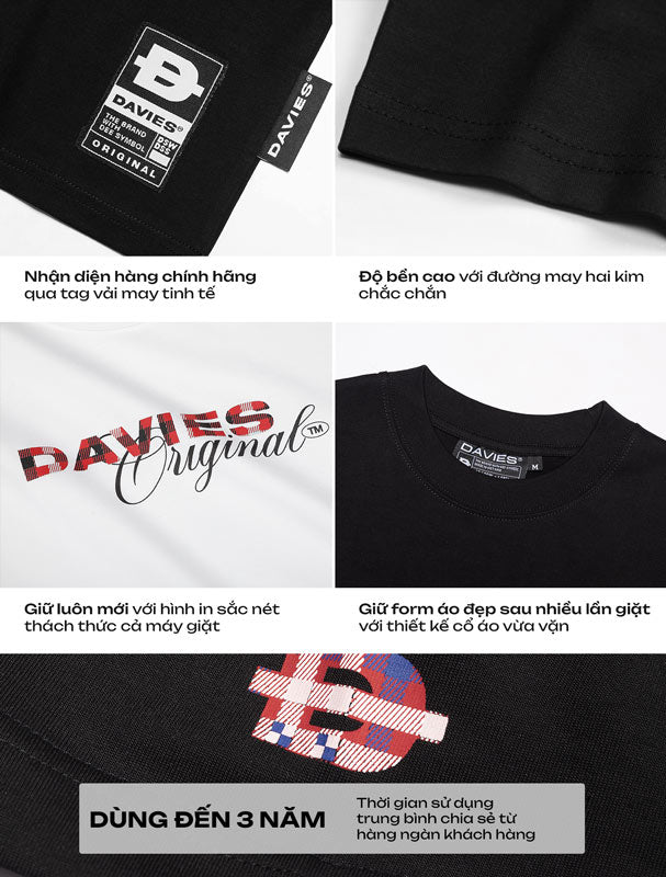 Black t-shirt with Davies Original branding and tag on a white background