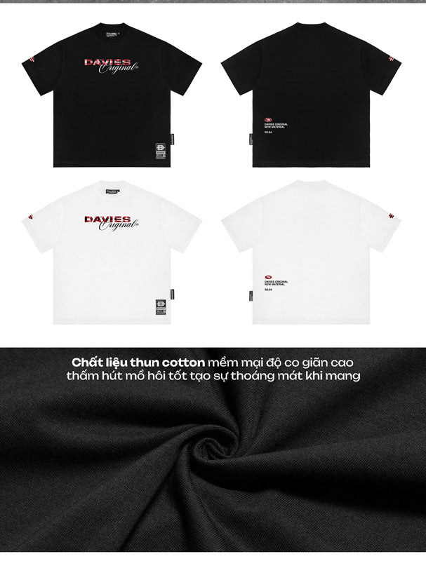 Black and white t-shirts with 'DAVIES' branding on a dark fabric background.