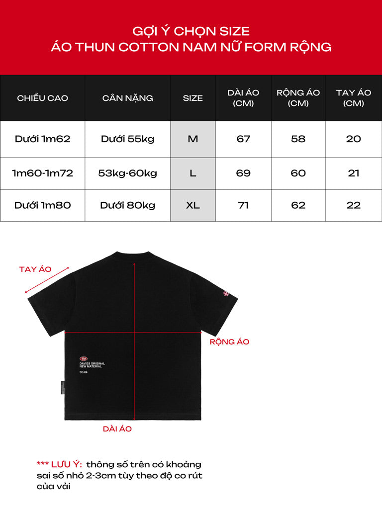 Size chart for a black t-shirt with measurements on a red background