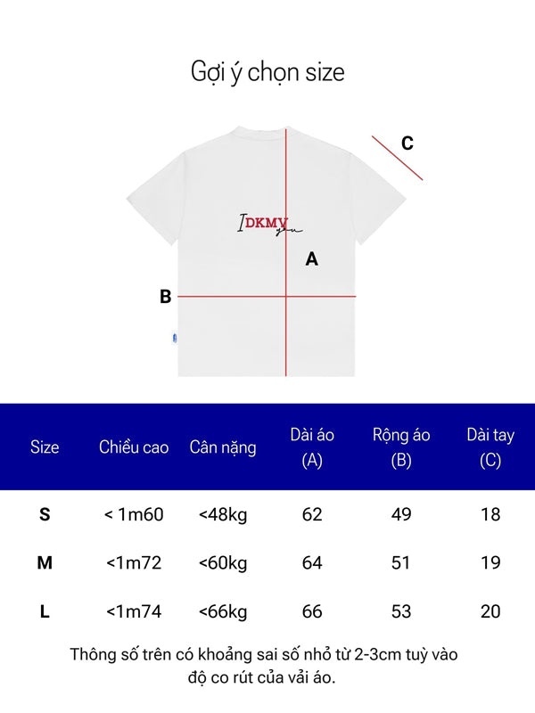 Size chart for a white t-shirt with measurements in centimeters