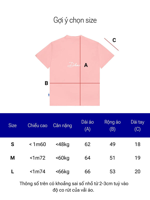 Size chart for a pink t-shirt with measurements labeled