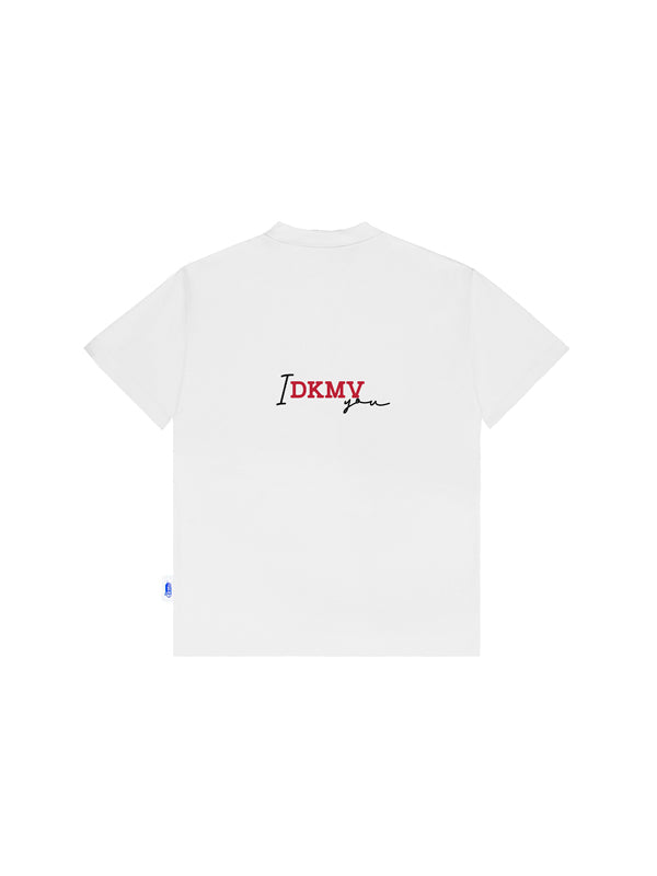 White t-shirt with red and black text on a white background