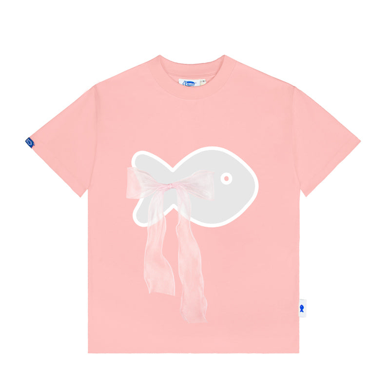 Pink t-shirt with a white graphic design on a white background