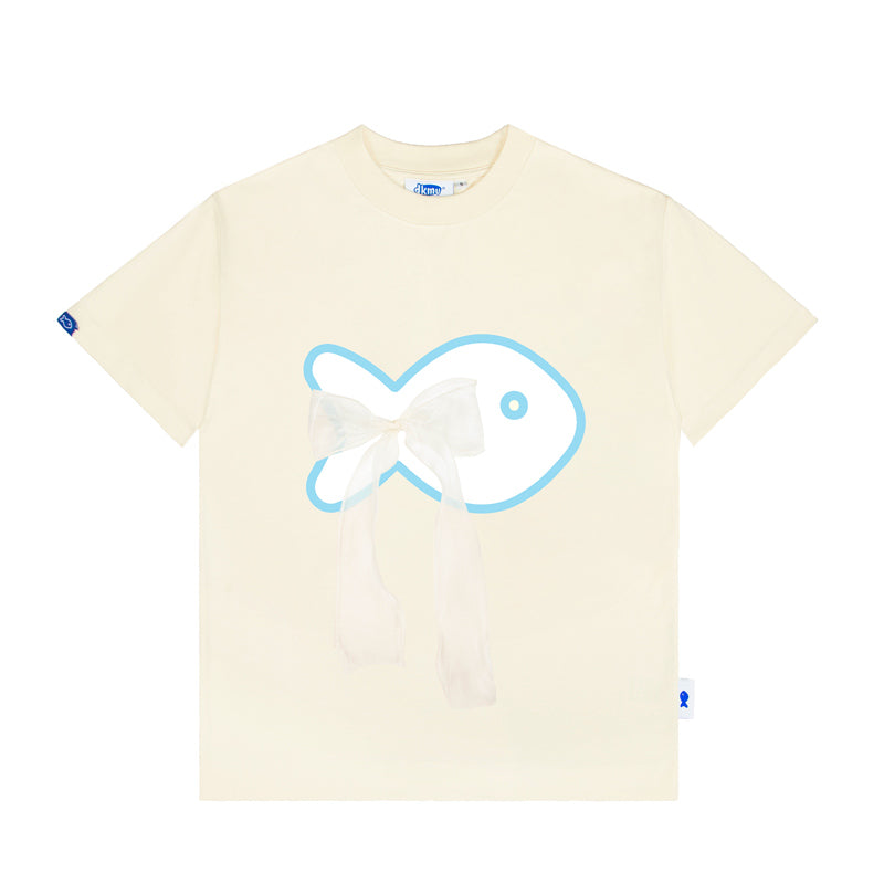 Beige t-shirt with a blue and white fish graphic on a white background