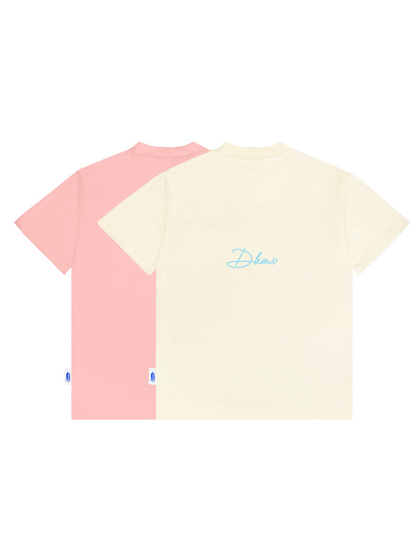 Two t-shirts, one pink and one beige, with a brand logo on a white background.