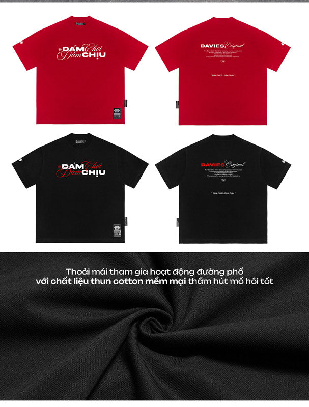 Red and black t-shirts with text on front and back, fabric swatch below.