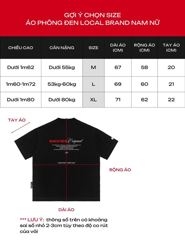 Size chart for a black t-shirt with red accents, featuring brand name 'DAVIES'.