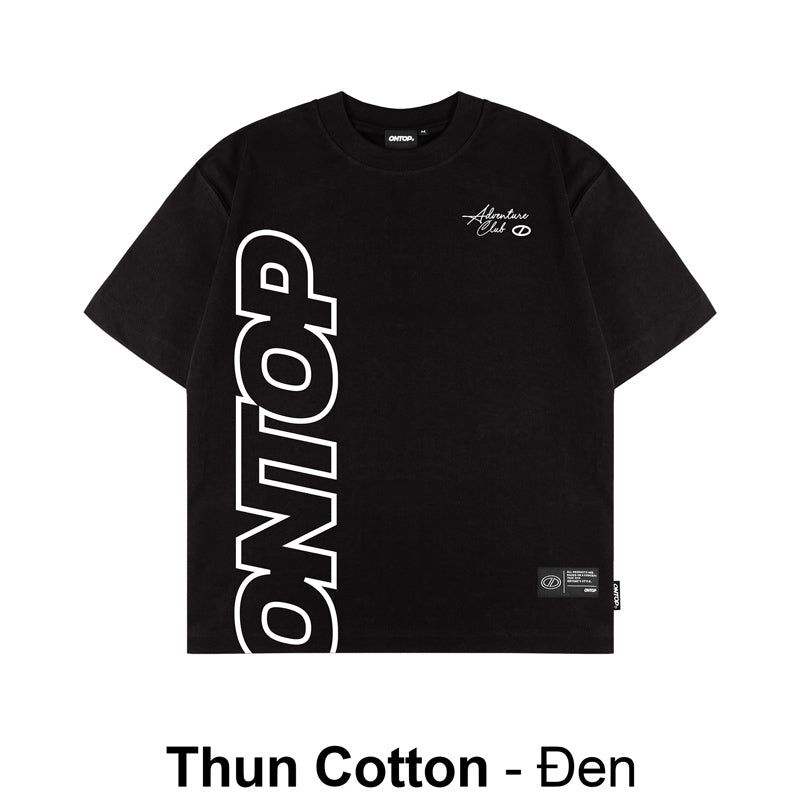 Black t-shirt with white text and logos on a white background