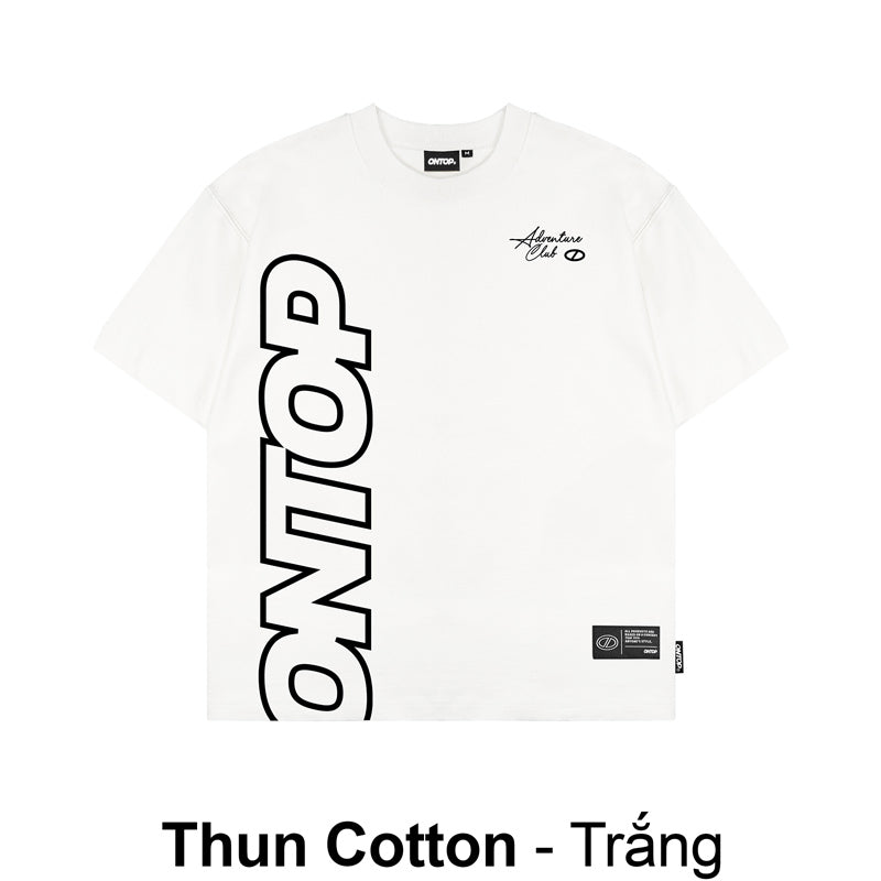 White t-shirt with black text and logos on a white background
