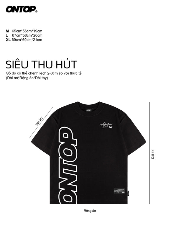 Black t-shirt with 'ONTOP' branding and size chart on a white background