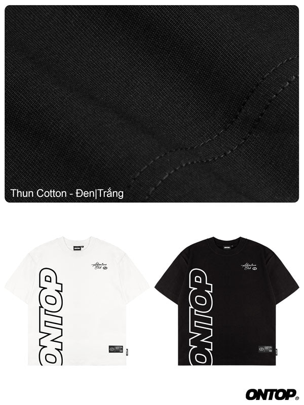 Black fabric swatch with text overlay and two t-shirts, one white and one black, featuring the 'ONTOP' logo.