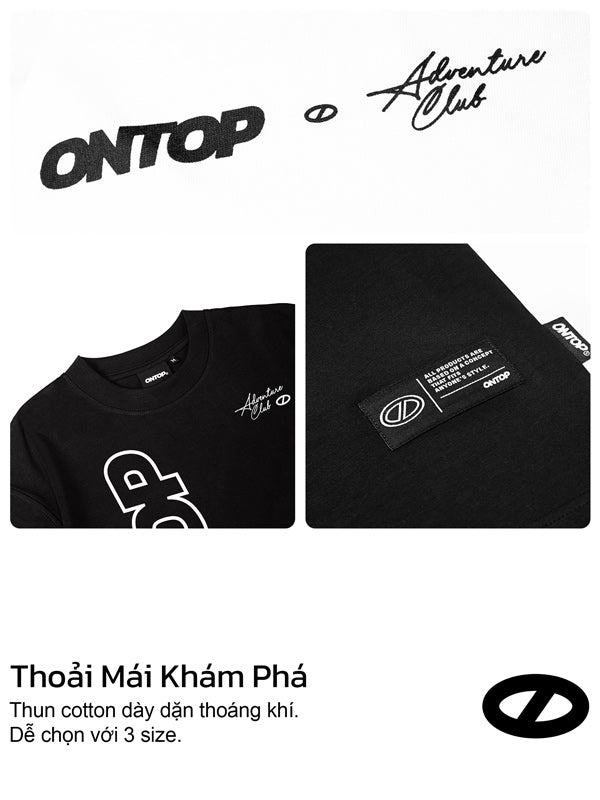 Black t-shirt with 'ONTOP' and 'Adventure Club' branding, featuring a tag and text on a white background.