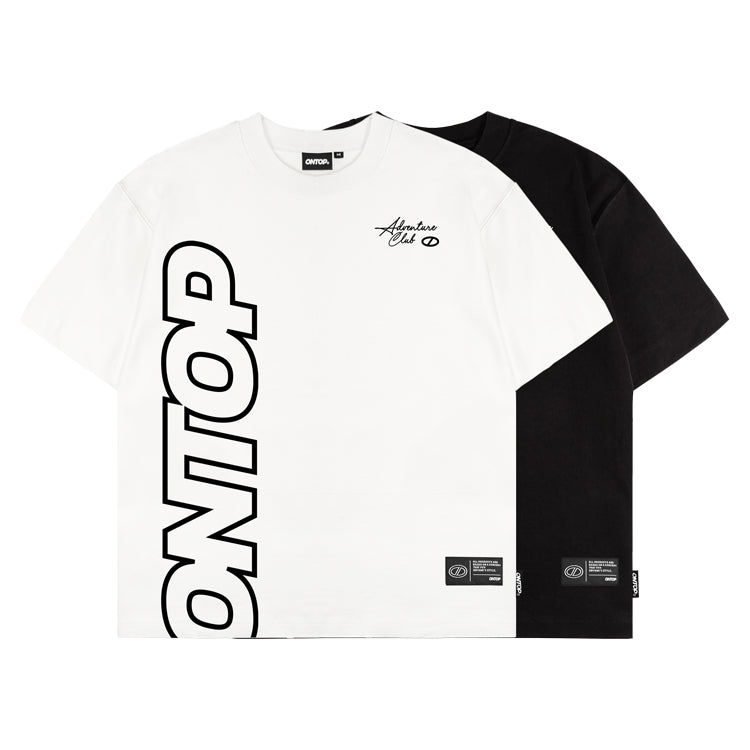 White and black t-shirt with 'ONTOP' branding on a white background