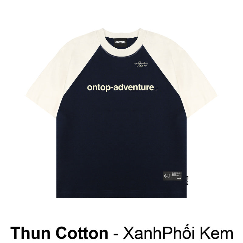 Black and white t-shirt with 'ontop-adventure' text on a white background
