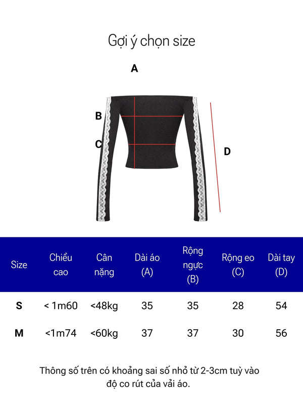 Size chart for a black long-sleeve top with white lace details on a white background.