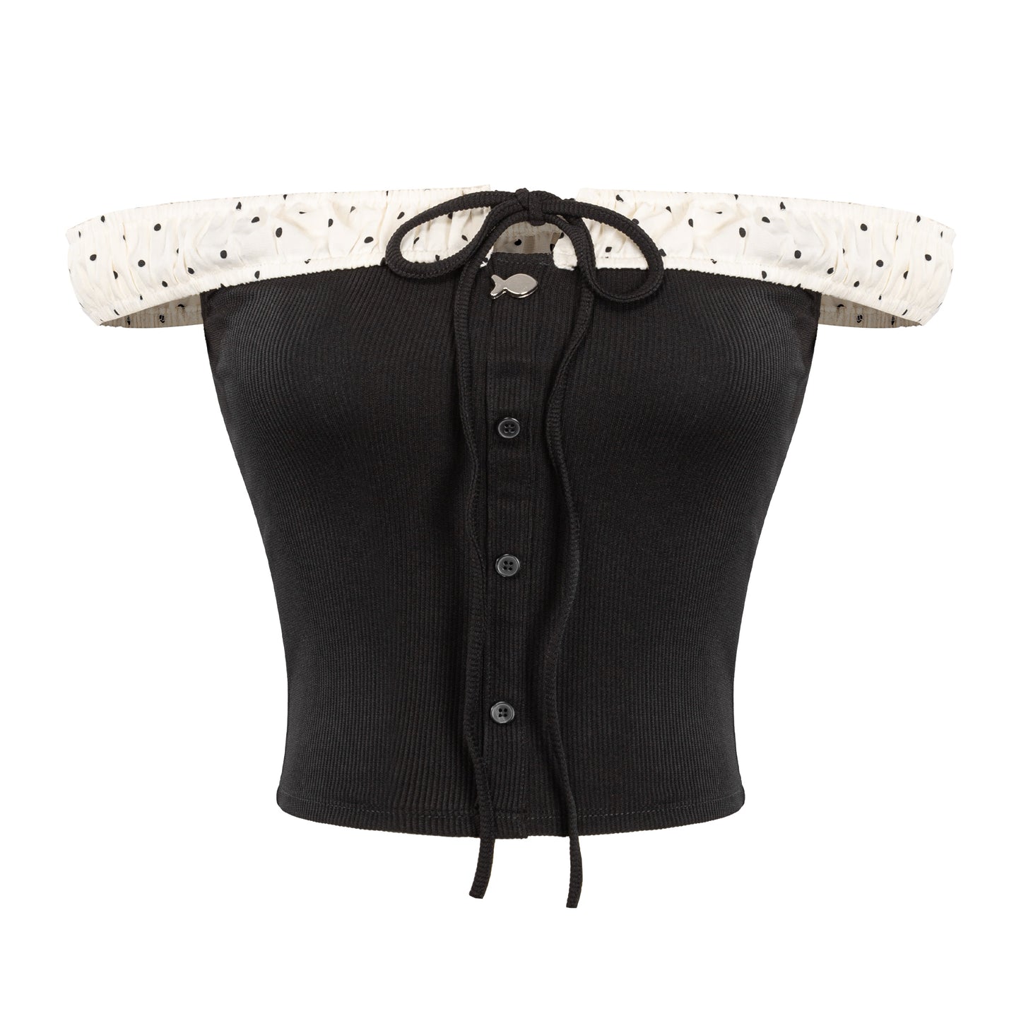 Black ribbed crop top with polka dot trim on a white background