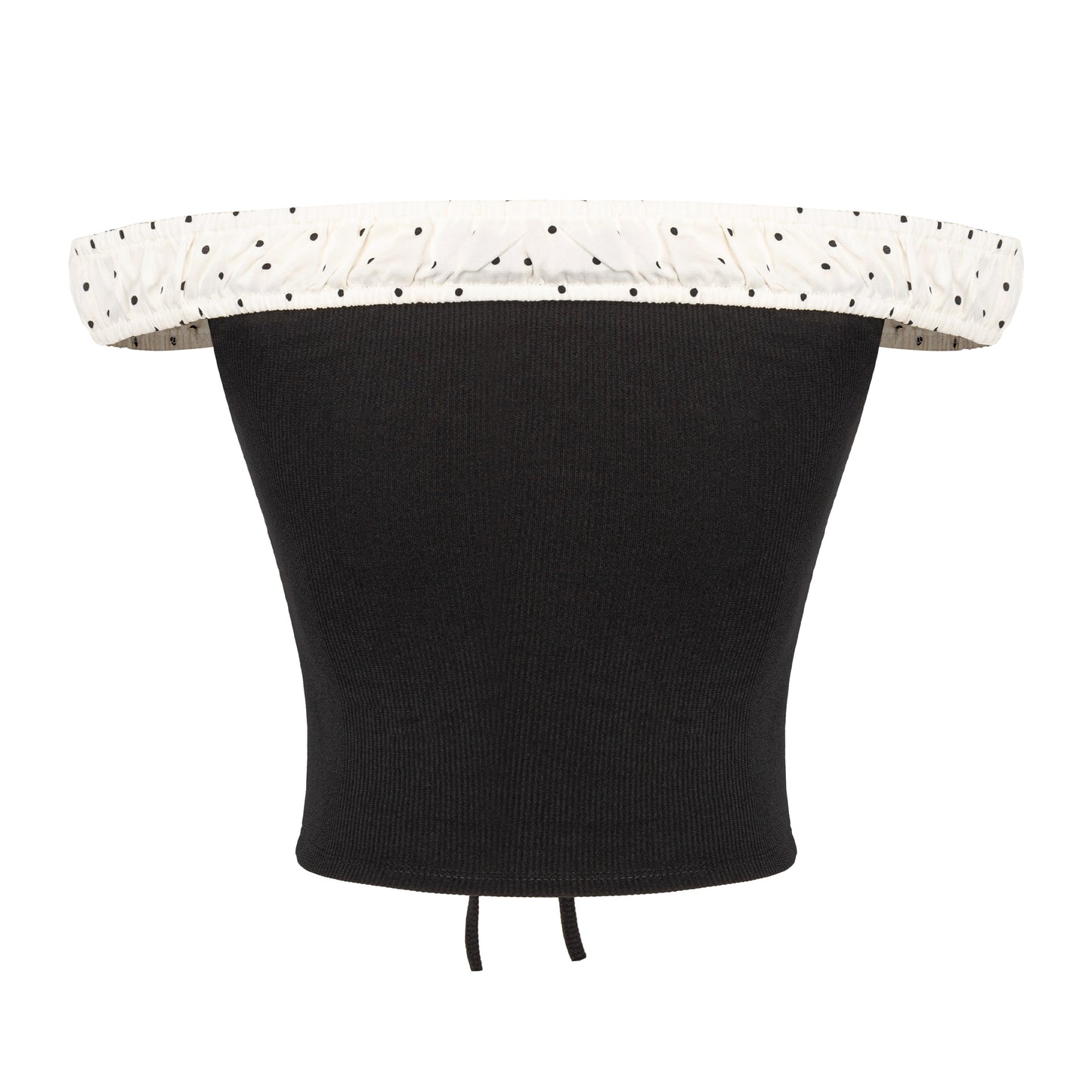 Black waist trainer with white polka dot trim on a white background