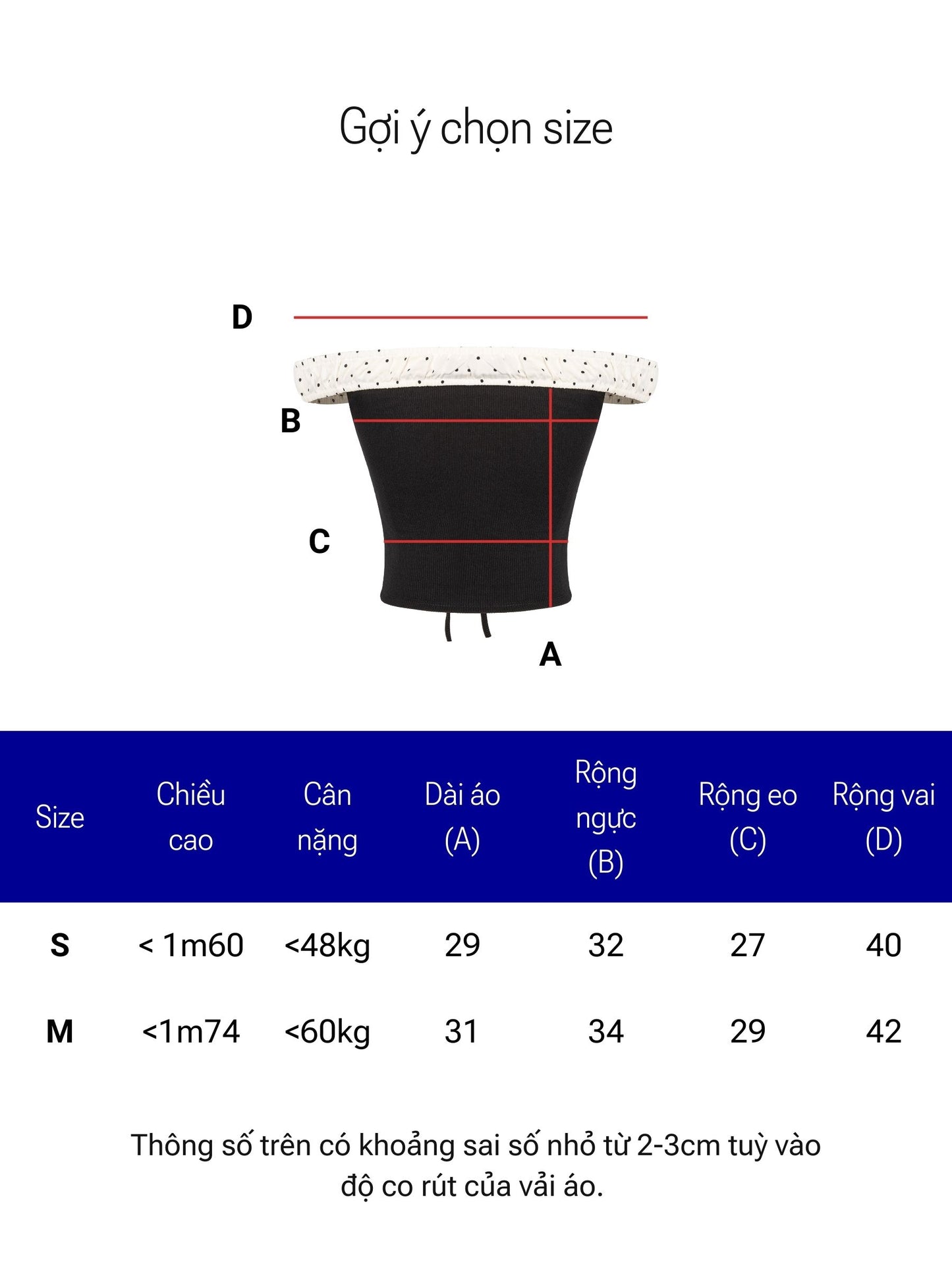 Size chart for a garment with labeled dimensions on a white background